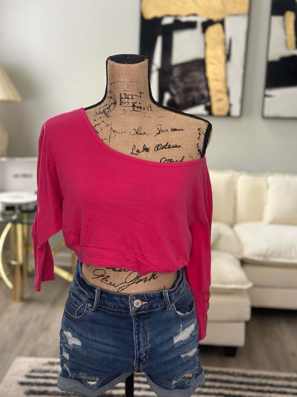 Asymmetric hot pink crop top